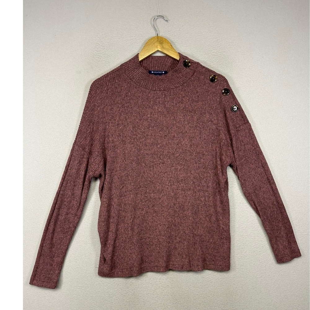 Cozy Minimalist Architect Women Large Mauve Ribbed Mock Neck Button Shoulder Top